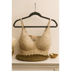 Maidenform 38C Beige Lace Underwire Bra Longline Scalloped Trim Stretch Nude